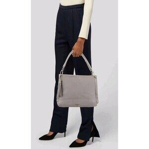Dune London Taupe Pebbled Shoulder Bag Tassel Gold Leather Top Handle Women